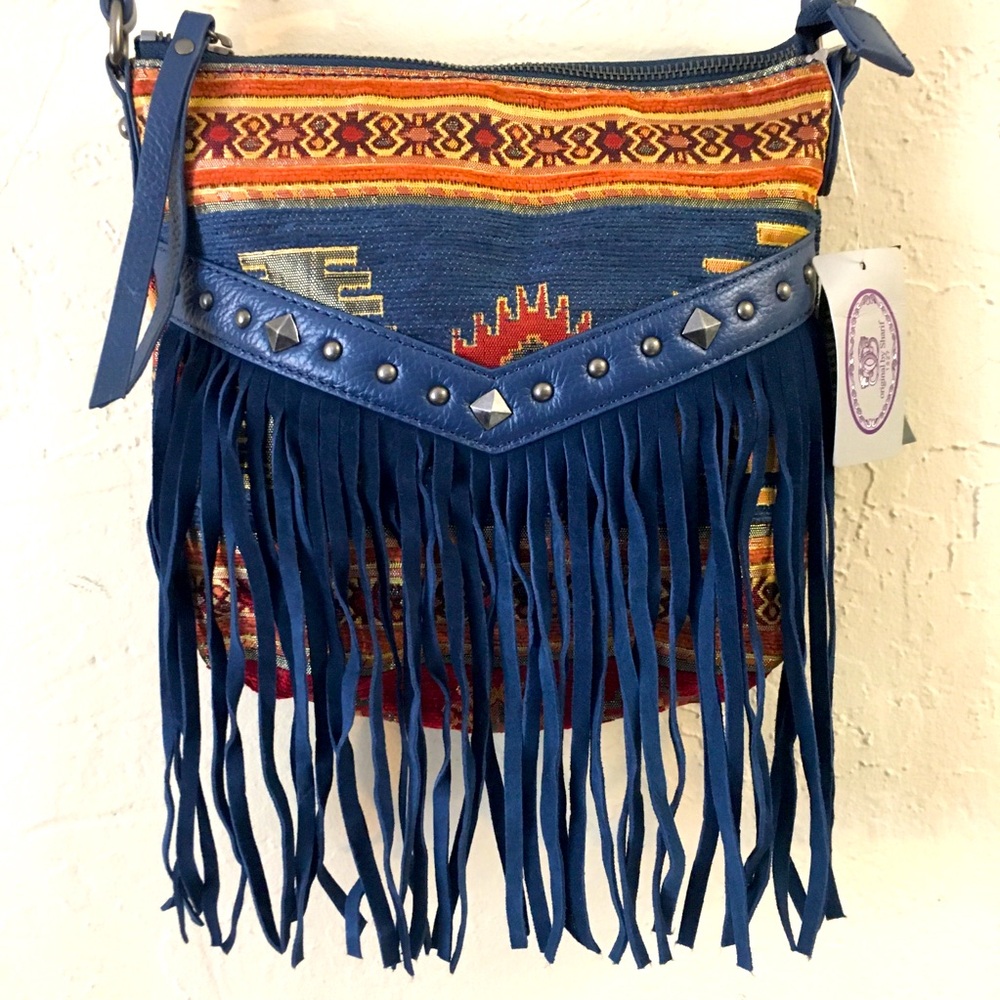 Sharif Moroccan Suede Fringe Leather Crossbody Bag NEW Blue Western Aztec Boho